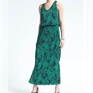 Banana Republic Pleated Tropical Green Navy Maxi Dress XS